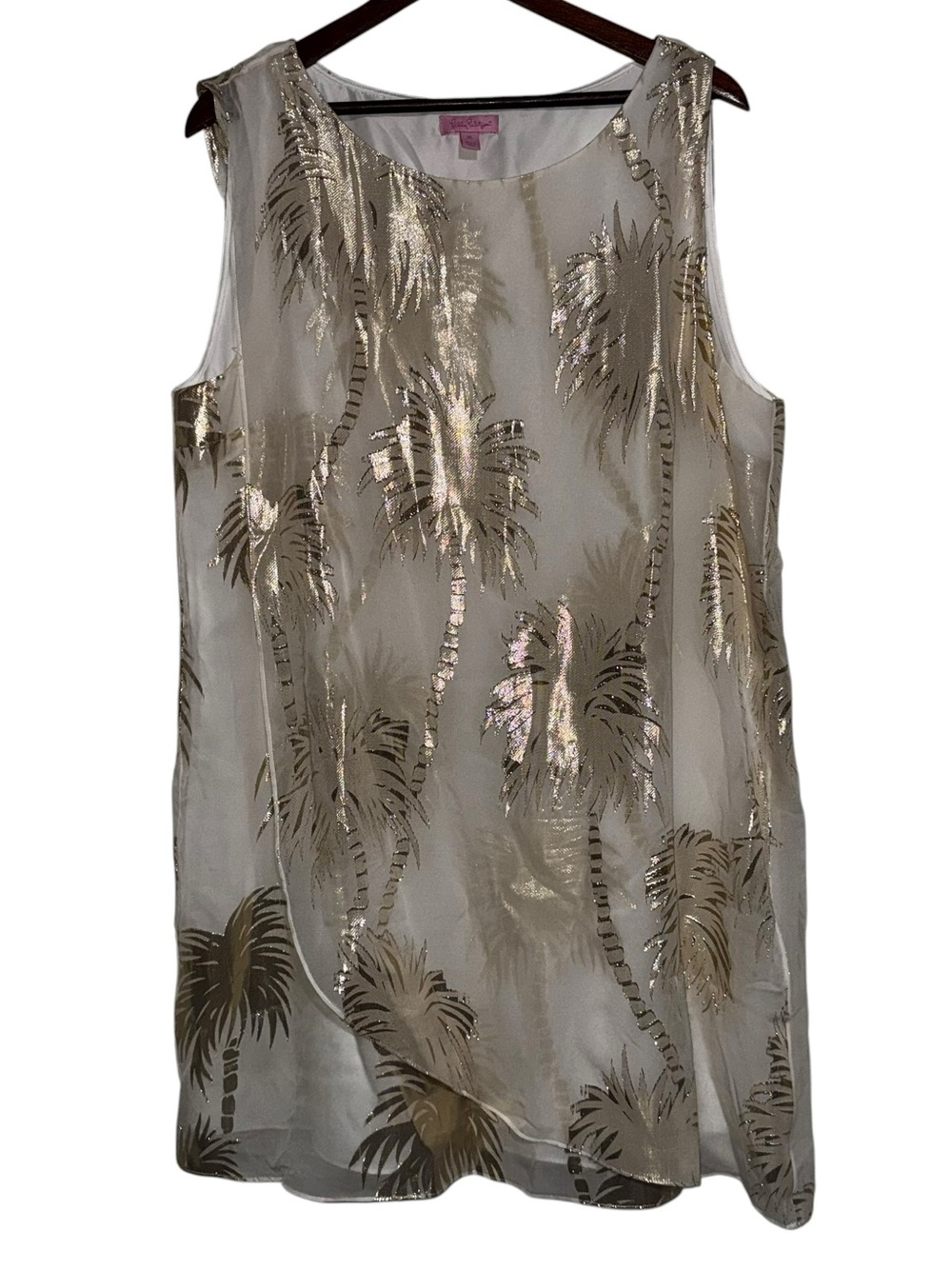 Lilly Pulitzer Calissa silk shift dress - cream w/gold palm tree design sheer XL